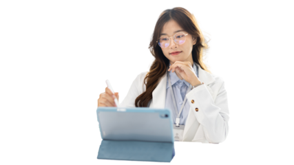 Businesswoman using laptop to work, Asian woman working in the office, Financial clerk or accountant with documents and equipment working on the desk, Using tablet for financial transactions.