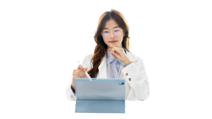 Businesswoman using laptop to work, Asian woman working in the office, Financial clerk or accountant with documents and equipment working on the desk, Using tablet for financial transactions.