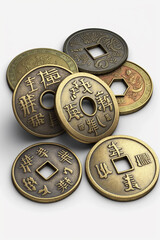 Lucky Charms: Chinese Fortune Coins Isolated on White Background