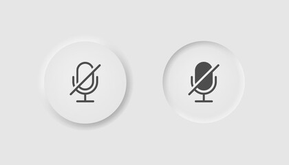 Mute microphone button in neumorphism style. Icons for business, UI, UX. Silent symbol. Voice, speech, audio, unmute, no microphone, talk. Neomorphic style. Vector illustration.