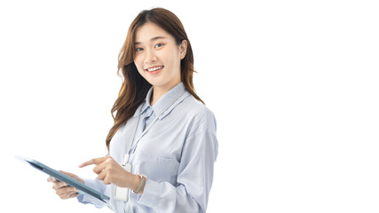 Office worker with a beautiful Asian woman in a private office, Daily routine of office workers, Welcome to work in the morning with a bright smile, Businesswoman in office concept.