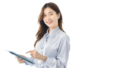 Office worker with a beautiful Asian woman in a private office, Daily routine of office workers, Welcome to work in the morning with a bright smile, Businesswoman in office concept.