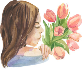 Watercolor portrait of a girl with tulips