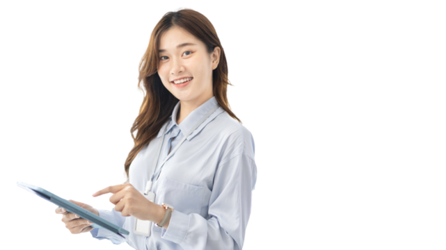 Office worker with a beautiful Asian woman in a private office, Daily routine of office workers, Welcome to work in the morning with a bright smile, Businesswoman in office concept.