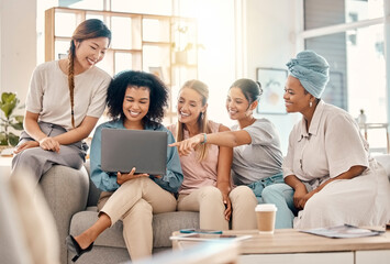 Fototapeta premium Business people, women team and laptop for startup website success, planning design and marketing strategy in office. Creative advertising agency group with pc teamwork, collaboration and diversity