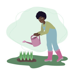 Woman with watering can. Female gardener watering plants in spring. Illustartion in flat cartoon style