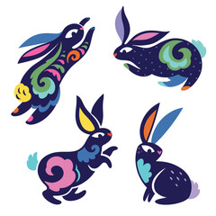 Four Oriental Rabbits with folk ornaments inside
