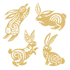 Four Gold Oriental Rabbits with folk ornaments inside