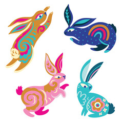 Fototapeta na wymiar Four Oriental Rabbits with folk ornaments inside. Vector design