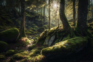 Fototapeta na wymiar Illustration of Moss in the Sunny Forest (Generative AI)
