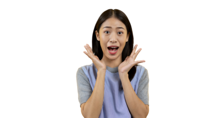 Asian woman acting shocked or surprised isolated on background,  Looking camera, Concept acts according to the emotions and feelings of excitement and shock, PNG File, Copy space.
