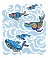 Cute print with folk rainbow whales and blue waves
