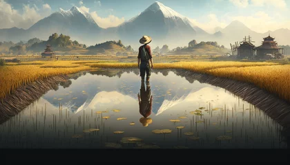 Foto op Canvas Reflections of Life: Chinese Farmer on Rice Paddy amid Picturesque Landscape © artefacti