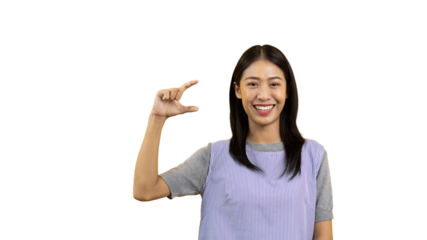 Asian woman with holding copyspace imaginary on the palm to insert an ad, Showing copyspace pointing, Showing her hand to present something on png file.