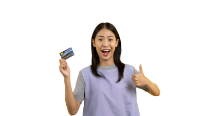 Asian woman holding credit card and thumbs up on PNG file, Suggest or demonstrate the use of credit cards instead of cash, Payment, Finance, Transact or spend online.
