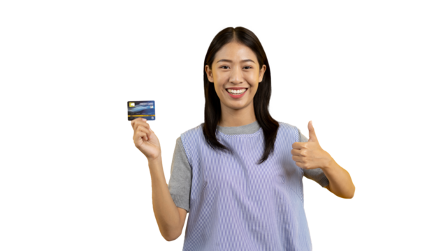 Asian woman holding credit card and thumbs up on PNG file, Suggest or demonstrate the use of credit cards instead of cash, Payment, Finance, Transact or spend online.
