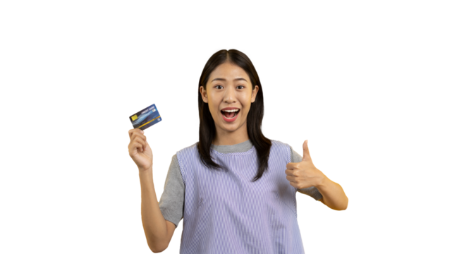 Asian woman holding credit card and thumbs up on PNG file, Suggest or demonstrate the use of credit cards instead of cash, Payment, Finance, Transact or spend online.