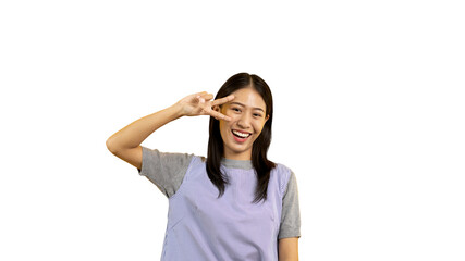 Obraz na płótnie Canvas Young Asian woman making two thumbs up gesture showing joy and fun, Symbol of good friendship, Popular photo poses, Make a v-shaped finger, PNG file.