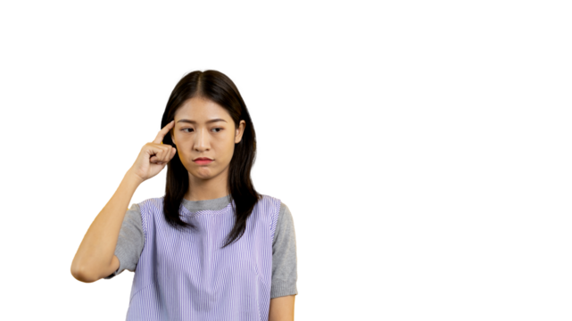 Young Asian woman thinking hard or planning to do something, Overthinking or worrying, Have a headache, Migraine, Stress, Free space for advertising or promoting products, Copy space, Enter text.