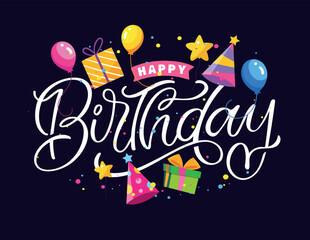 Happy birthday label. Cute hand drawn doodle lettering postcard. Lettering for t-shirt design, mug print, invitation.