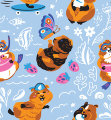 Fototapeta na wymiar Cute seamless pattern with guinea pigs on summer vacation. Vector illustration