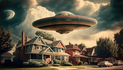 UFO flyings over a home, 1950s setting