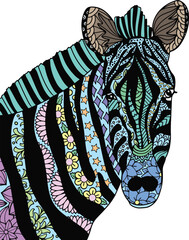 Hand drawn Zebra doodle with flower decorative elements. Coloring page for adult and kids. Vector Illustration
