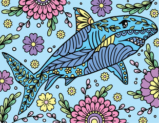 Hand-drawn Shark doodle with flower decorative elements design. Coloring page for adults and kids. Vector Illustration
