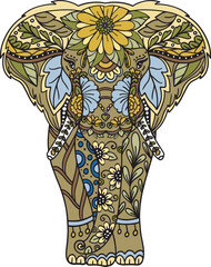 Hand drawn elephant doodle with flower decorative elements. Coloring page for adult and kids. Vector Illustration.
