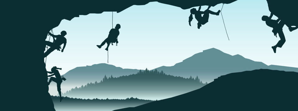 Climb climbers adventure hobby vector illustration for logo - Black silhouette of a climber woman and man on a cliff rock with blue misty fog mountains landscape in the morning as a background