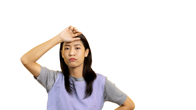 Young Asian woman thinking hard or planning to do something, Overthinking or worrying, Have a headache, Migraine, Stress, Free space for advertising or promoting products, Copy space, Enter text.