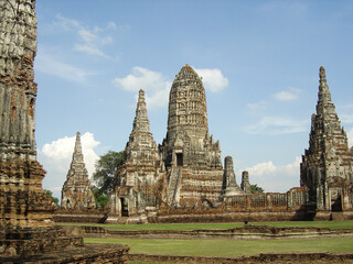 Beautiful historic Buddhist temple landscape with stone towers and copy space in old Ayutthaya - Thailand