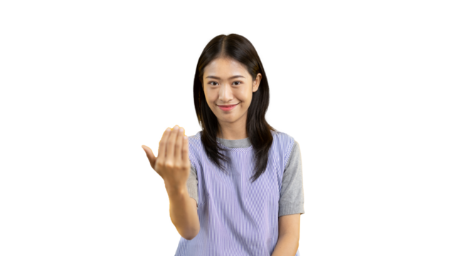 Women beckoning or inviting them to pay attention, Suggest to click or apply with me, Giving assistance and acceptance, Calling with one finger, Come and get me, Woman on PNG file.