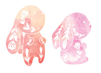 Vector set of cute watercolor decorated rabbits. Collection with cartoon bunnies with floral pattern and dye splashes. Folk art hares