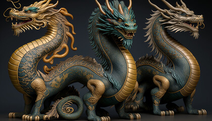 Obraz premium Majestic Chinese Dragon Statues in Vibrant Colors