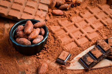 Cocoa beans. Ground cocoa powder for making chocolate. Cocoa beans. Top view.