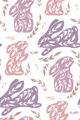 Fototapeta na wymiar Vector seamless Easter pattern with decorated rabbits and flowers. Nursery texture with folk art bunnies in pastel colors