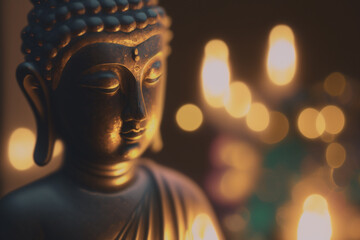Close-up of golden Buddha statue with bokeh background