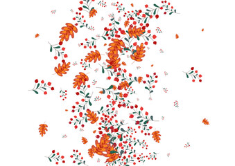 Burgundy Herb Background White Vector. Leaves Seamless Set. Red Rowan September. Forest Design. Foliage Abstract.