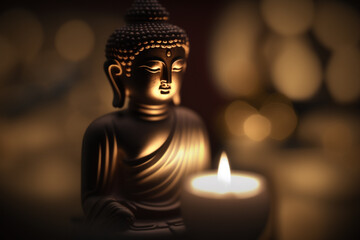 Fototapeta premium Close-up of golden Buddha statue with bokeh background