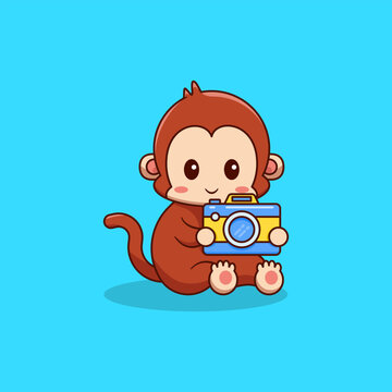 Monkey holding camera cute Icon, Logo, and illustration Vector