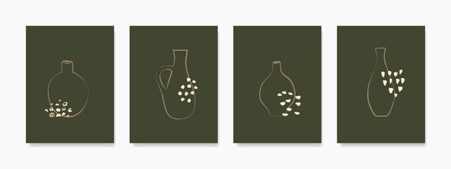 Enhance your walls with a minimalist boho vibe using this set of vase wall art on a dark green background. Perfect for prints, covers, wallpapers, and great natural wall decor collection.