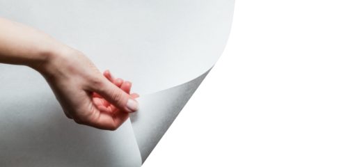 Hand pulling white page to reveal and show your design. Transparent background