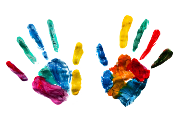Hands painted in colors stamped on transparent white background. Isolated
