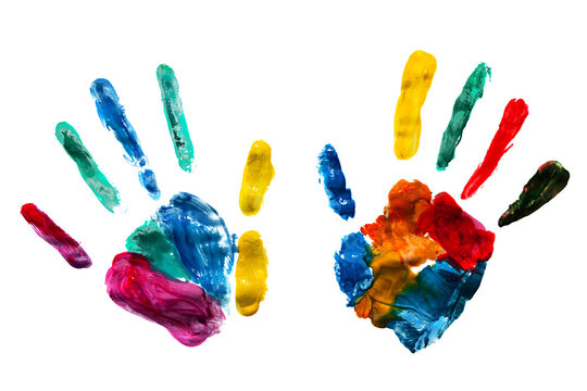 Hands painted in colors stamped on transparent white background. Isolated