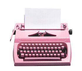 Retro pink typewriter with empty page. Isolated on transparent white