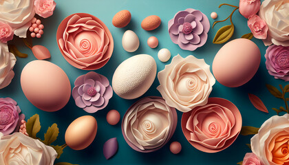 Springtime Pastel Colors with Floral and Egg Illustration Generative Ai