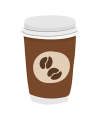 Hand drawn doodle icon of coffee cup with the cap and coffee grains on its surface