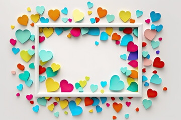 Mockup of colorful hearts and frame on white background.AI generative