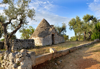 Fototapeta na wymiar traditional house the trulli in stone and with a conical roof in southern Italy in Puglia in a field of olive trees